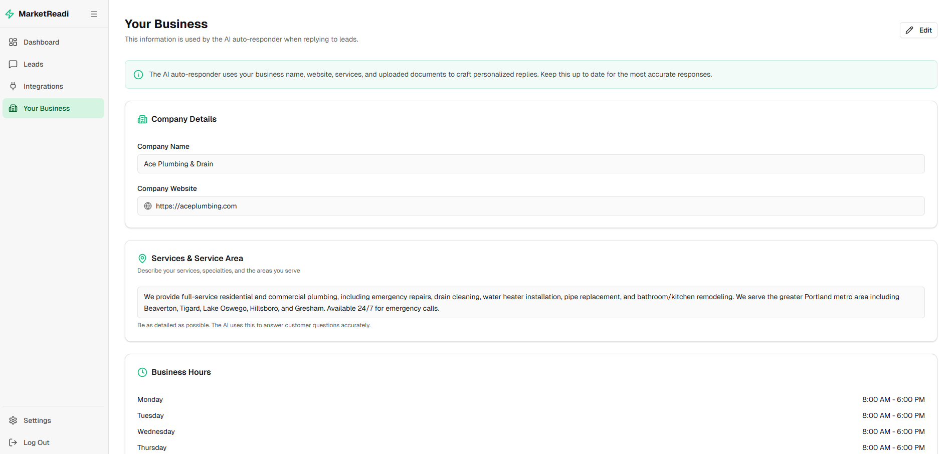 Your Business profile and AI auto-responder context settings
